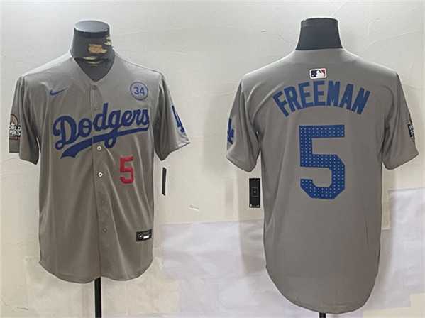 Mens Los Angeles Dodgers #5 Freddie Freeman Gray 2024 World Series With No. 34 Patch Limited Stitched Jersey